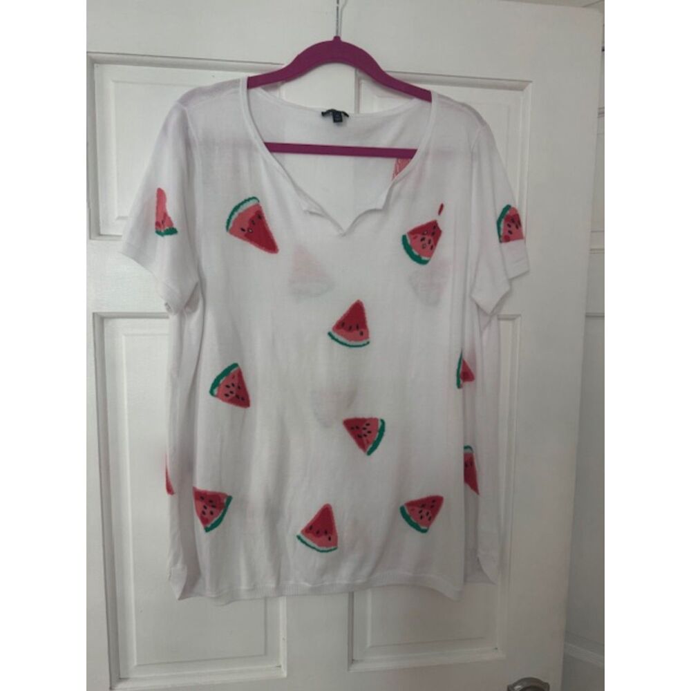 Talbots short sleeve V-neck knit top, novelty print, XL